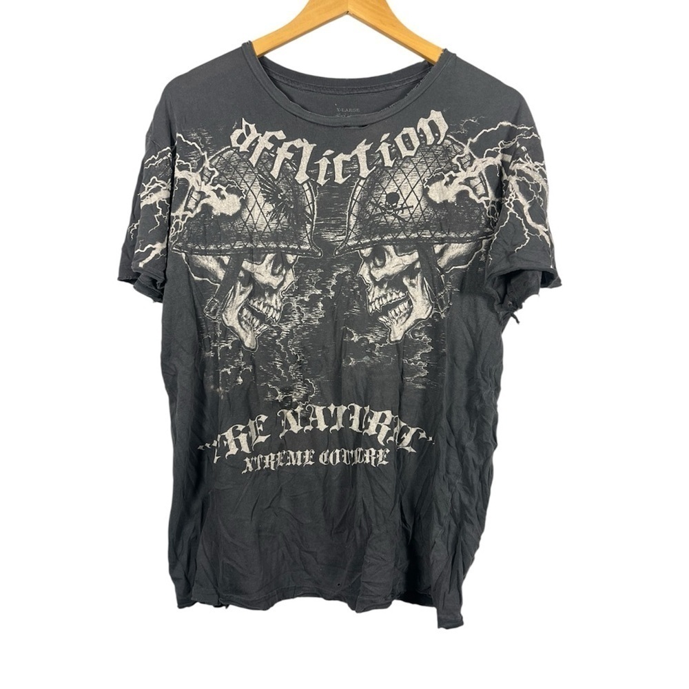 Affliction Randy The Natural Couture Skull Distressed Gray Graphic Shirt XL